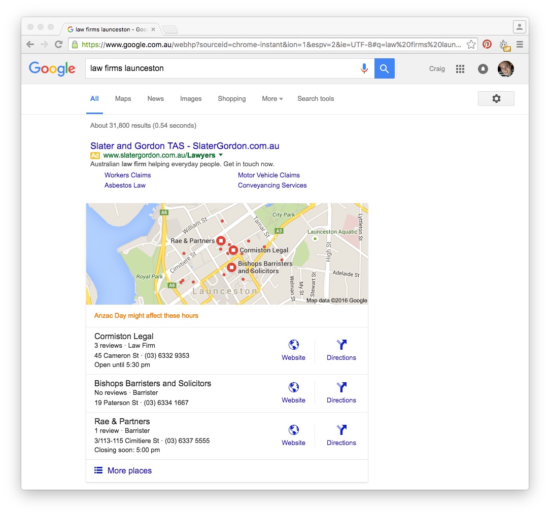 Google Search Results showing Google Map